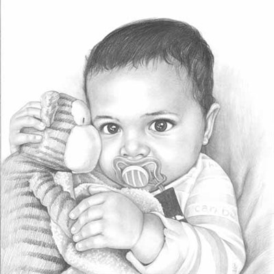 Hand Drawn Pencil Sketch Portrait of A Little African Boy with His Stuffed Animal - myDaVinci